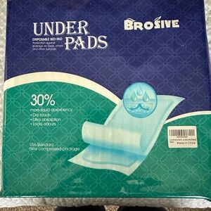 Brosive under pads (36Lx23W). Used 7 of the 30 for puppy potty training.